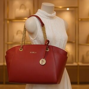 NEW FURLA Julia Cabernet Classic Red Saffiano Leather Chain Tote/Shoulder Bag